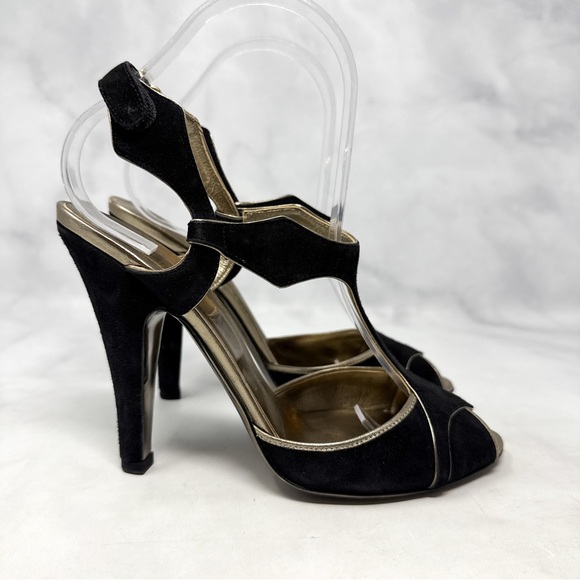Valentino Garavani Vintage Suede T Strap Side Cut Out Sandal Heel Black Y2K 37.5 - Picture 1 of 15
